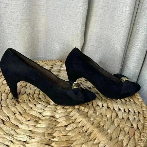 Charles Jourdan Suede Vintage Black Heels Bow Size 8 - Picture 3 of 9